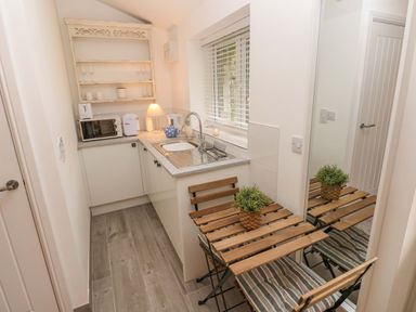 A small kitchen with a countertop microwave sink coffee kettle and a wooden table with plants and chairs at Little Cloud Nash near Cowbridge