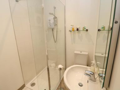A bathroom with a glass shower enclosure a white sink a toilet and a glass shelf with toiletries at Little Cloud in Nash near Cowbridge