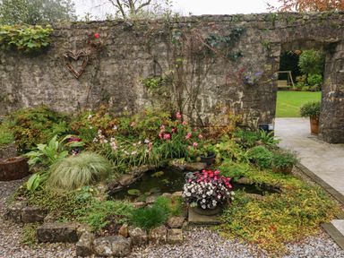A garden with a small pond surrounded by plants and flowers next to a stone wall with heart decorations at Little Cloud in Nash near Cowbridge