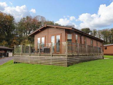 A brown wooden lodge with glass and wooden railing on a green lawn surrounded by trees at Lakeview Lodge in Forton near Garstang