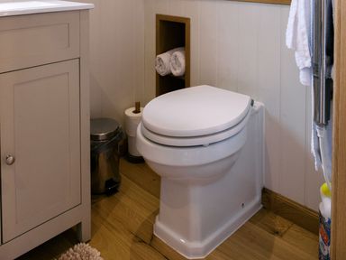 A bathroom with a toilet and sink at Bonnie's Shepherds Hut at Shepherds Lodge Retreat and Wellness, Bottesford near Redmile and Vale of Belvoir