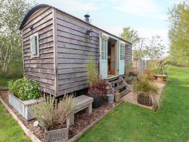 A shepherd's hut with steps and plants at Herbie's Shepherds Hut at Shepherds Lodge Retreat and Wellness in Bottesford near Redmile and Vale of Belvoir