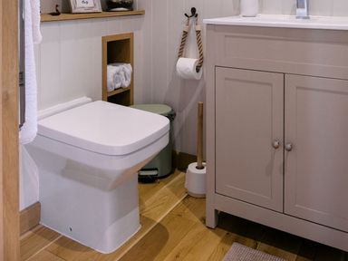 A bathroom with toilet and washbasin at Herbie's Shepherds Hut at Shepherds Lodge Retreat and Wellness Bottesford near Redmile and Vale of Belvoir