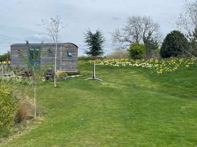 A wooden hut in a garden with flowers and trees at Herbie's Shepherds Hut at Shepherds Lodge Retreat and Wellness, Bottesford near Redmile and Vale of Belvoir