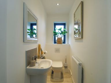 A bathroom with a sink toilet mirror and plant at 6 Gwel Yr Wyddfa Llanfaelog near Rhosneigr