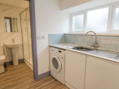 A laundry room with a washing machine and a sink next to a bathroom with a toilet and sink at Fronwig in New Quay