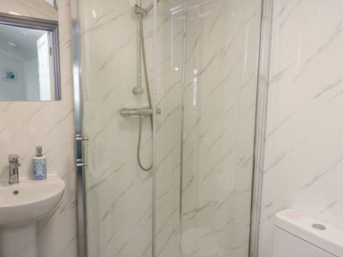 A bathroom with a shower enclosure a sink with a soap dispenser and a toilet at Fronwig in New Quay