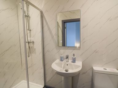 A bathroom with a shower enclosure a sink with soap dispenser and toothbrush holder and a toilet at Fronwig in New Quay