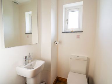A bathroom with a sink a mirror a toilet and a window at Yr Adfa in Llangeitho near Tregaron