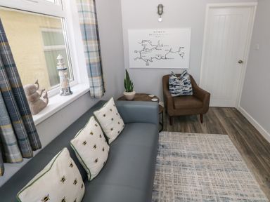 A seating area with a blue sofa with bee patterned cushions a brown armchair a small round wooden table a potted plant a wall map and a window with plaid curtains at Chalet 22 in Port Eynon