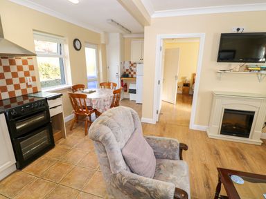 A kitchen and living area with a dining table four chairs an armchair a television and a fireplace at Robin's Roost 2 in Cornamona County Galway