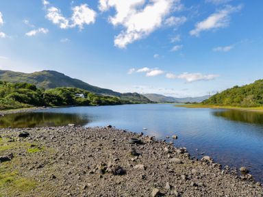A rocky lakeshore with water surrounded by trees and hills under a blue sky at Robin's Roost 2 in Cornamona County Galway