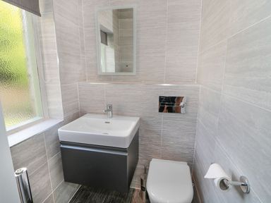 A bathroom with a white sink and dark cabinet under a mirror a white toilet with a toilet brush and toilet paper holder on the side at Walworth Castle Lodge in Walworth near Darlington
