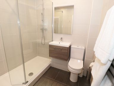 A bathroom with a shower enclosure a wall-mounted sink with cabinet a toilet and towels at Walworth Castle Lodge in Walworth near Darlington