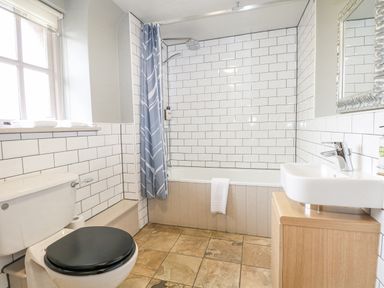A bathroom with a toilet a bathtub with a shower and a sink with a mirror at Moles Cottage in Farnham near Sixpenny Handley