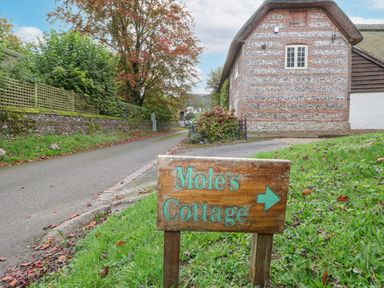 A wooden sign pointing to Moles Cottage near a road with a brick and flint building and greenery at Moles Cottage in Farnham near Sixpenny Handley