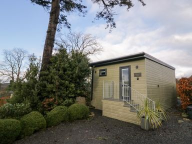 A small lodge with steps and railing at the entrance surrounded by bushes and trees at Elderflower Lodge in Allithwaite near Cartmel
