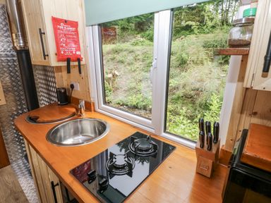 A kitchen with a sink and gas stove at The Hamper in Felingwm near Carmarthen