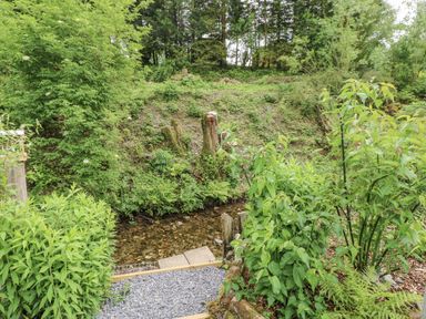 A garden with a stream and greenery at The Hamper in Felingwm near Carmarthen