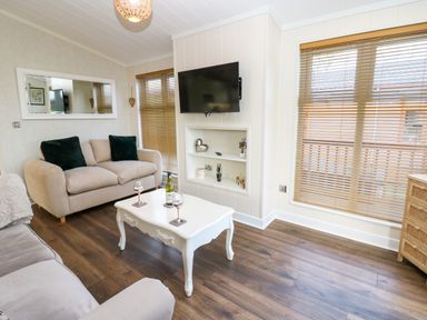 A living room with sofas a coffee table a wall-mounted television and windows with blinds at Finnbars Lodge in Richmond