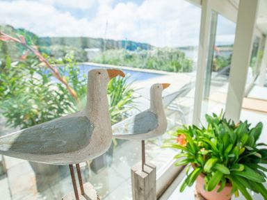 Two wooden bird sculptures on stands near a window with plants outside and a potted plant inside at Curlew House in Cosheston