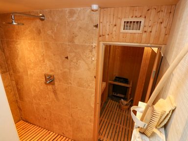 A shower and sauna combination in the bathroom at Curlew House in Cosheston