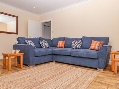 A living room with a blue sectional sofa with patterned and plaid cushions wooden side tables with mugs and a remote and a large beige rug on a wooden floor at West View in Northlew near Hatherleigh