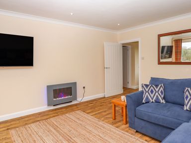 A living room with a blue sofa and patterned cushions a wooden side table and a mounted flat screen TV at West View in Northlew near Hatherleigh