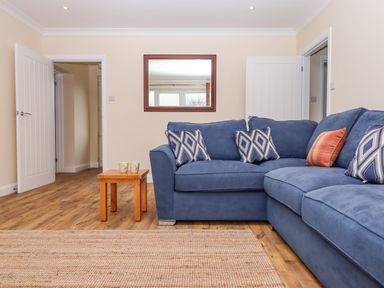 A living room with a blue corner sofa with cushions a wooden side table with two mugs a wall mirror and wooden flooring at West View in Northlew near Hatherleigh