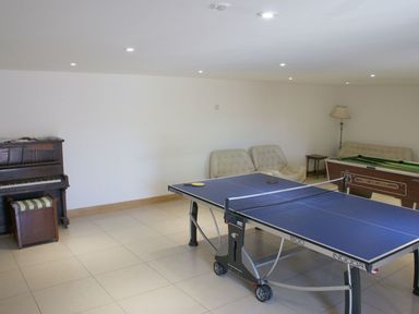 A game room with a blue table tennis table piano chairs a pool table and a floor lamp at Swallows Reach in Halwell