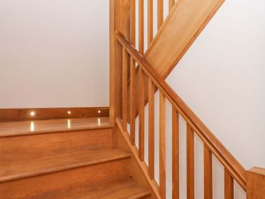 A staircase with wooden steps and handrail at Swallows Reach Halwell