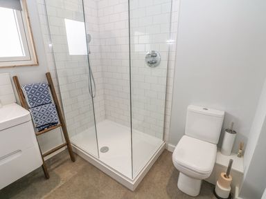 A bathroom with a glass shower enclosure white toilet wooden towel rack with blue towels and a sink at Forest Lodge in Newborough