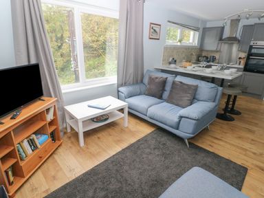 A living room with a blue sofa a white coffee table a wooden tv stand with a television and books a kitchen area with a breakfast bar and stools at Kittiwake Apartment 22 in Little Haven near Broad Haven