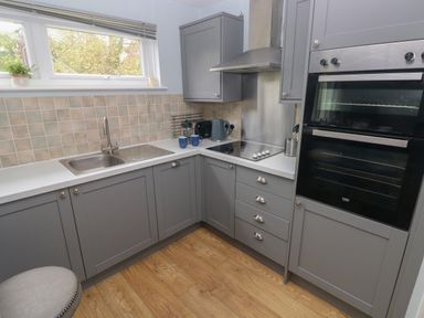 A kitchen with grey cabinets a sink electric stove oven and kitchen utensils at Kittiwake Apartment 22 in Little Haven near Broad Haven