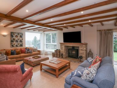 A living room with sofas, a fireplace, a wall-mounted TV, and wooden coffee tables at Blossom Hill near Witney