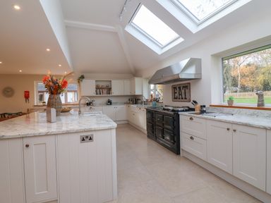 A kitchen with marble countertops skylights a large island and windows showing a garden at Blossom Hill near Witney