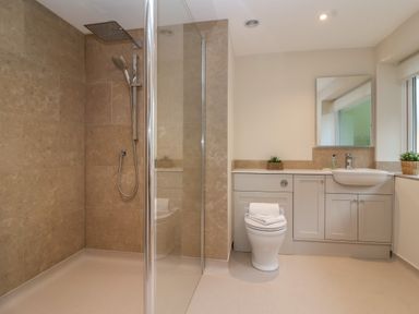 A bathroom with a walk-in shower a toilet and a sink with a mirror at Blossom Hill near Witney