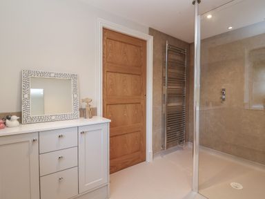 A bathroom with a white cabinet with drawers and doors a wooden door a wall-mounted towel radiator and a glass shower enclosure at Blossom Hill near Witney