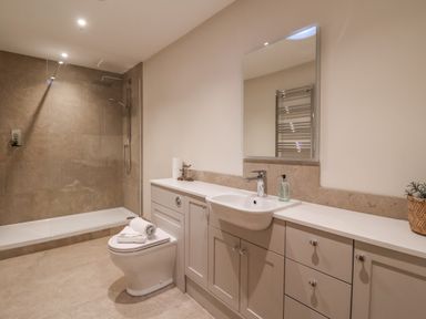 A bathroom with a shower area a toilet a sink with a mirror above and storage cabinets near Witney