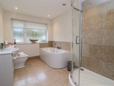 A bathroom with a bathtub shower toilet and sink near a window at Blossom Hill near Witney