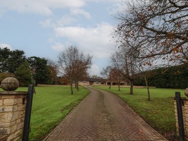 A driveway with trees leading to a house with grass lawns on both sides at Blossom Hill near Witney