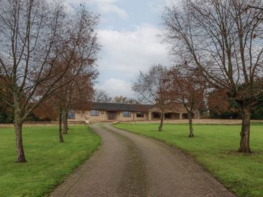 A driveway leading to a single-story stone house with trees on both sides of the driveway at Blossom Hill near Witney