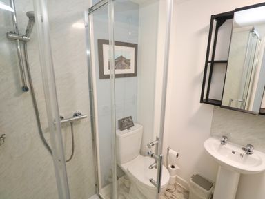 A bathroom with shower, toilet, sink, and storage shelf at The Packing House in Rosudgeon