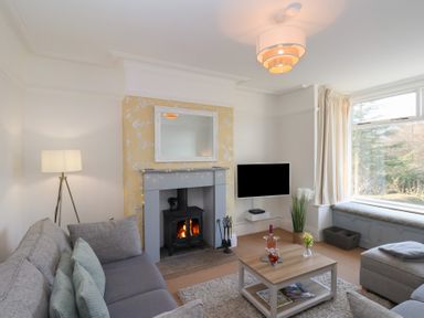 A living room with a fireplace a grey sofa a wooden coffee table and a TV near a window at Trackside in Ruswarp
