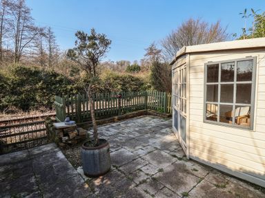 A fenced patio area with a tree in a planter and a small shed with chairs inside at Trackside in Ruswarp