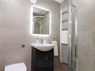 A bathroom with a sink, toilet, shower and towel rail at Flat 1 Rhos-On-Sea