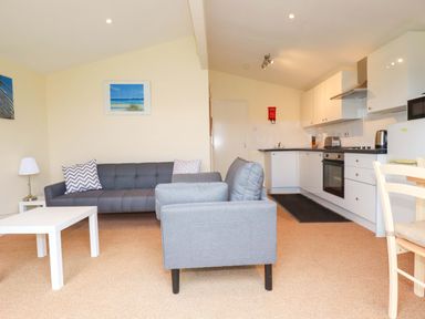 A living room with a sofa and kitchen area at 161 Atlantic Bay Holiday Park, Padstow