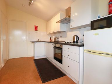 A kitchen with a fridge and oven at 161 Atlantic Bay Holiday Park in Padstow