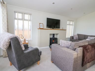 A living room with a grey armchair and a grey sofa with cushions a television above a fireplace with a small stove and two windows at Seren Lodge in Builth Wells