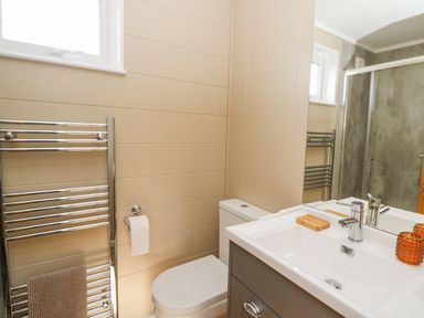 A bathroom with a toilet sink mirror towel rack and shower at Seren Lodge in Builth Wells